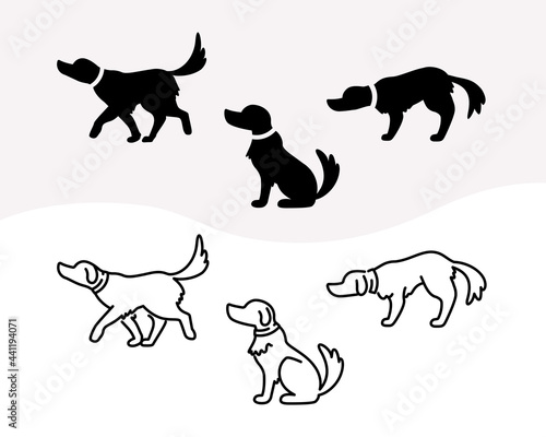 Set of monochrome silhouettes and line icons of domestic dog in different poses. Sprite image of a labrador dog in different poses: running, sitting and sad puppy.