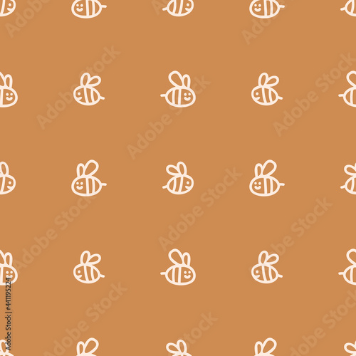 Seamless background bee gender neutral pattern. Whimsical minimal earthy 2 tone color. kids nursery wallpaper or boho cartoon pet fashion all over print.