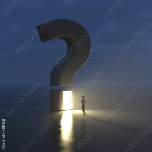 woman at front of question mark emitting light 