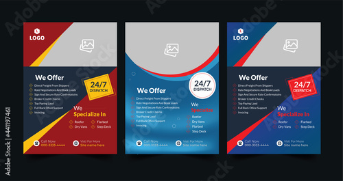 modern dispatch logistics and trucks freight flyer, Trucking advertising flyers for business promotion, transportation and Delivery service flyer template