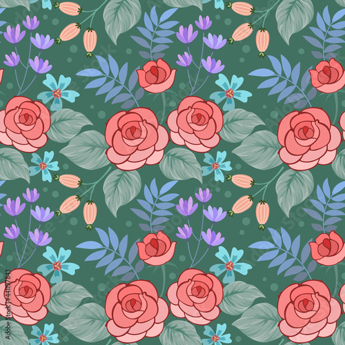 Beautiful rose and small flowers on green color background seamless pattern.
