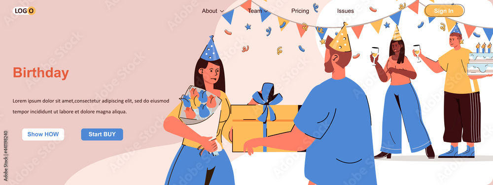 Birthday web concept. Friends celebrate holiday at home party, give gifts, have fun scene. Banner template with flat line characters design. Vector illustration for social media promotional materials