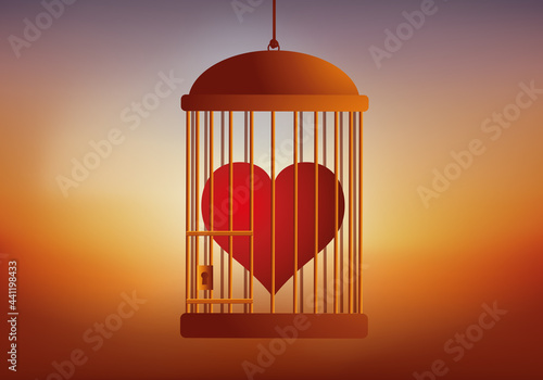 Concept de l’amour défendu et de la censure, avec un cœur, symboliquement enfermé dans une cage.