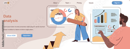 Data analysis web concept. Business analytics, accounting, research statistics scene. Banner template with flat line characters design. Vector illustration for social media promotional materials