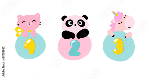 A collection of doodles with children's numbers on a white background for a festive design. Cartoon sweet vector. Cute animals unicorn and panda