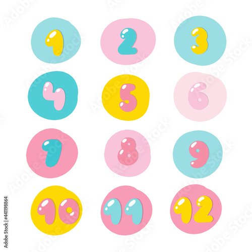 Doodle collection with baby numbers on white background for celebration design. Design template.  Cartoon sweet vector. photo