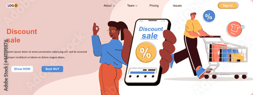 Discount sale web concept. Online shopping with the best offers in mobile app scene. Banner template with flat line characters design. Vector illustration for social media promotional materials