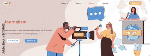 Journalism web concept. TV show recording, news program, journalist reporting scene. Banner template with flat line characters design. Vector illustration for social media promotional materials