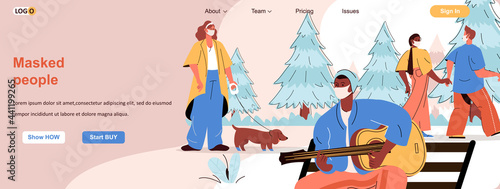 Masked people web concept. Men and women wearing medical masks in public places scene. Banner template with flat line characters design. Vector illustration for social media promotional materials