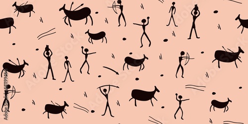 Seamless pattern depicting cave paintings with people and animals. Design for paper, textiles and decor. Vector illustration.
