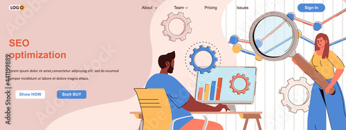 Seo optimization web concept. Team sets up search engine, promotes site online scene. Banner template with flat line characters design. Vector illustration for social media promotional materials