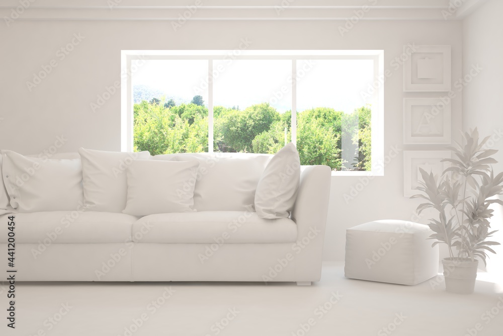 Mock up of stylish room in white color with sofa and green landscape in window. Scandinavian interior design. 3D illustration Mock up of stylish room in white color with sofa and green landscape in window. Scandinavian interior design. 3D illustration