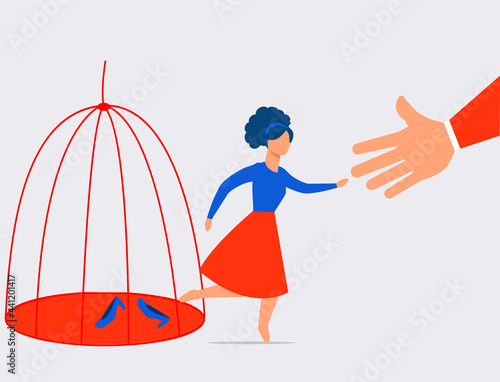 Woman escaping from the cage. Female steps out and get help by people. Girl getting out of prison. Concept of freedom, mental health therapy rehabilitation. Taking new opportunities. Women empowerment