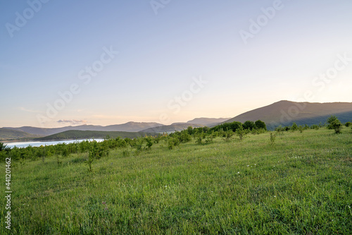 Beautiful green hills and valley in setting sun light. Beautiful summer landscape. Nature background. Copy space.