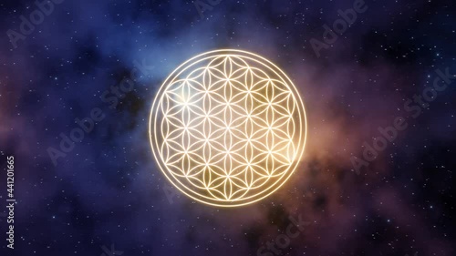 Flower of life symbol in yellow color on a background of the universe with nebulae. 3D Rendering