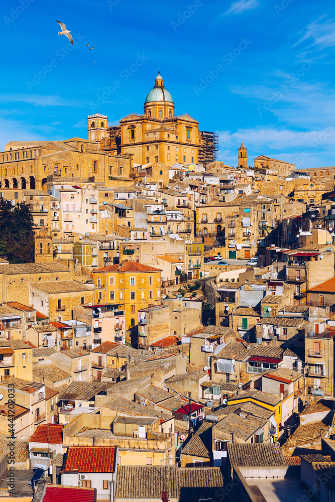 Piazza Armerina in the Enna province of Sicily in Italy. Piazza Armerina cityscape with the Cathedral SS. Assunta and old town, Sicily, Piazza Armerina, Province of Enna, Sicily, Italy, Europe.