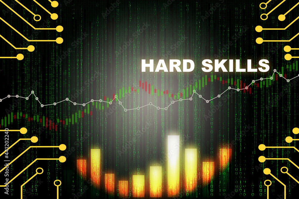 Obraz premium Hard skills word on financial growth graph and stock trading business chart background. Artificial intelligence innovation machine learning concept and education technology transformation idea