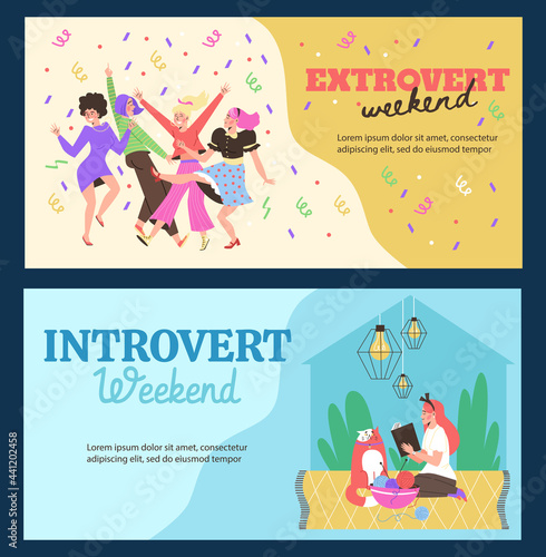 Two vector banners with leisure activity of extrovert and introvert people.