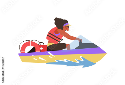 Lifeguard riding on rescue patrol jet ski, flat vector illustration isolated.