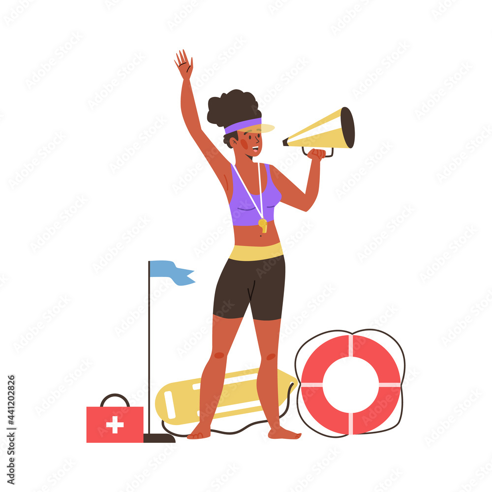 Lifeguard on beach makes with megaphone, isolated flat vector illustration. เวกเตอร์สต็อก ...