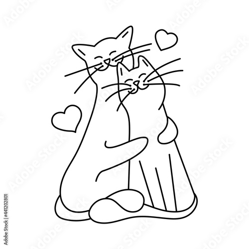 Cats love romantic couple. Vector isolated linear illustration contour outline. Valentines Day design.