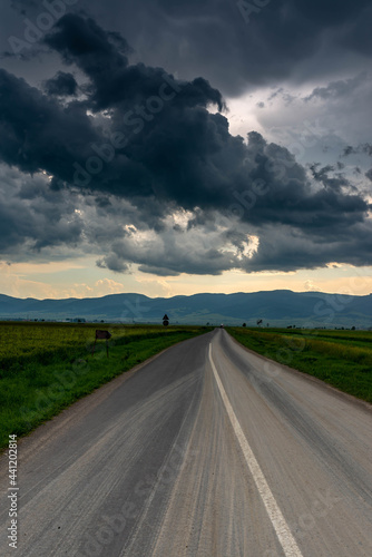 Vertical image, gathering storm clouds over green agricultural fields, leading asphalt road.