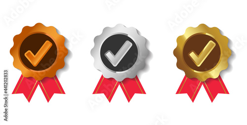 Checkmark or medal approved in 3D concept in bronze gold silver color