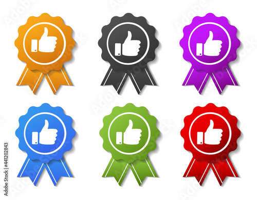 Set Recommend banner or medal with thumbs up and ribbon concept 