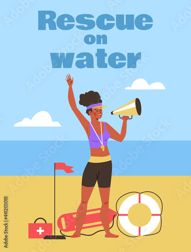 Rescue on water banner or poster with female lifeguard flat vector illustration.