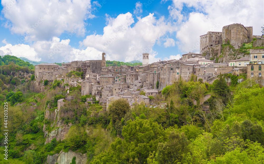 Sorano (Italy) - An ancient medieval hill town hanging from a tuff stone in province of Grosseto, Tuscany region, know as the Little Matera.