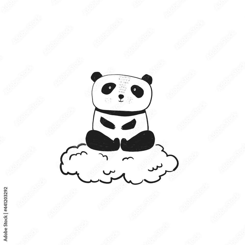 Fototapeta premium Cute sketch hand drawn black and white panda on cloud illustration. Bright cartoon childish east bear for kids print design, textile decoration, greeting cards, stickers, logo