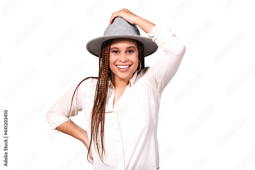Attractive woman wearing hat on white background Attractive woman wearing hat on white background