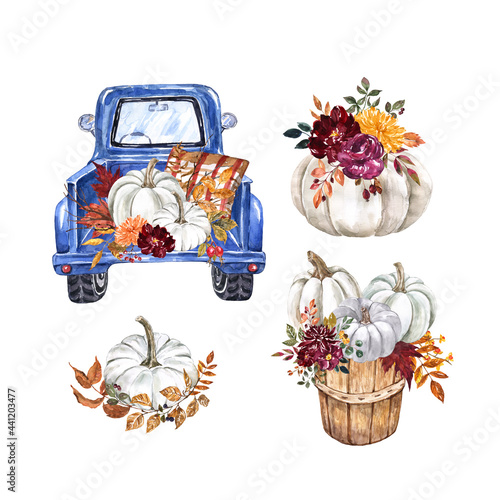 Watercolor fall illustrations set. Hand painted blue pickup truck, pastel pumpkins, flowers, leaves and foliage. Isolated elements on white background. Autumn Thanksgiving graphic design