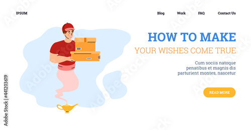 Website page with genie in uniform of courier, cartoon vector illustration.