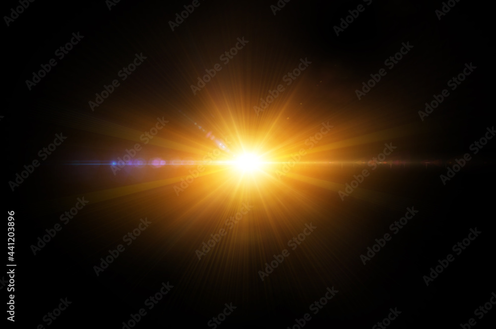 Sun isolated on black background. Glow light effect with flares, cosmic sunburst, star explosion isolated on black.