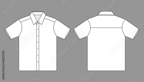 Blank White Short Sleeve Technician Shirt Template on Gray Background. Front and Back Views, Vector File