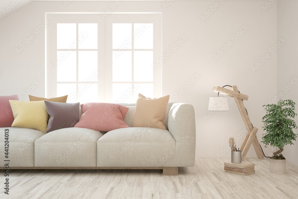 Fototapeta premium White living room with sofa. Scandinavian interior design. 3D illustration