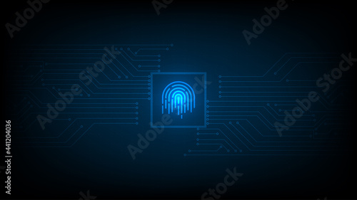 Biometrics hi-tech technology with fingerprint scanning background.