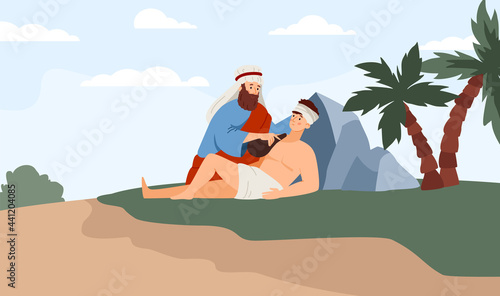 Biblical Old Testament trial of Abraham narrative, flat vector illustration.