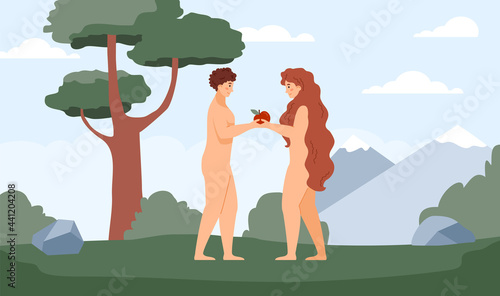 Background with Bible Adam and Eve in paradise, flat vector illustration.