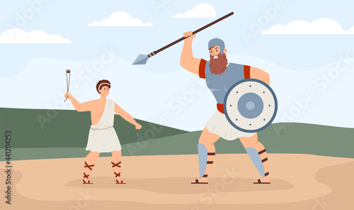 Biblical king David fighting with giant Goliath, flat vector illustration.