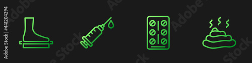 Set line Pills in blister pack, Flat foot, Syringe and Shit. Gradient color icons. Vector