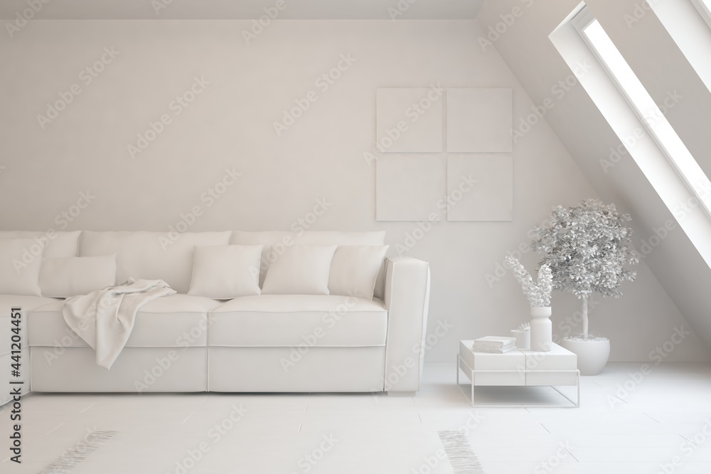 Mock up of stylish room in white color with sofa. Scandinavian interior design. 3D illustration Mock up of stylish room in white color with sofa. Scandinavian interior design. 3D illustration