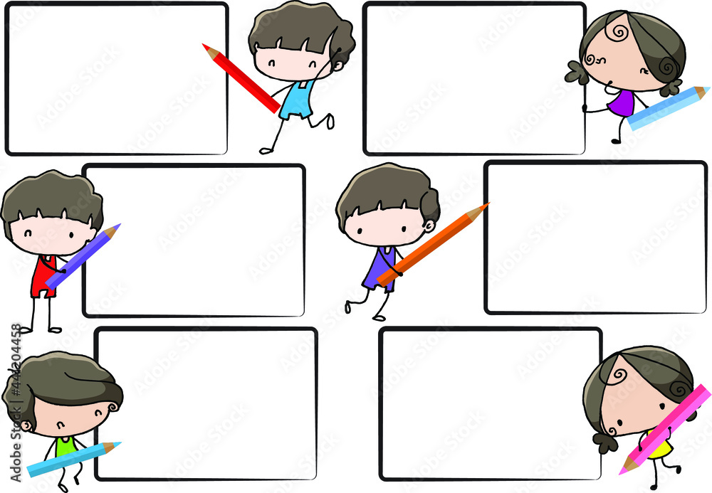 vector cartoon boys and girls hold colour pencil set border frame background vector cartoon boys and girls hold colour pencil set border frame background