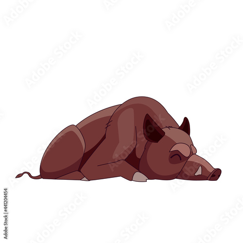 Wild boar sleeping or dead. Cartoon character of an adult mammal animal. A wild forest creature with brown fur. Side view. Vector flat illustration isolated on a white background