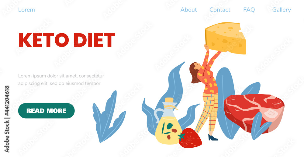 Keto diet web banner with woman among Ketogenic food, vector illustration. Keto diet web banner with woman among Ketogenic food, vector illustration.