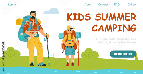 Kids summer camping banner with hiking child flat vector illustration.