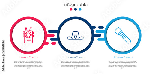Set line Police body camera, Sheriff hat with badge and Flashlight. Business infographic template. Vector