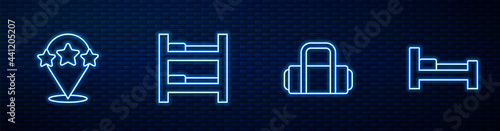 Set line Suitcase, Five stars rating review, Hotel room bed and . Glowing neon icon on brick wall. Vector