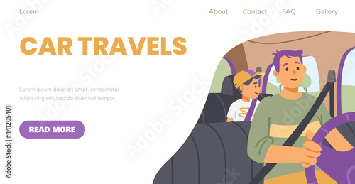 Car travels web banner mockup with people riding car flat vector illustration.